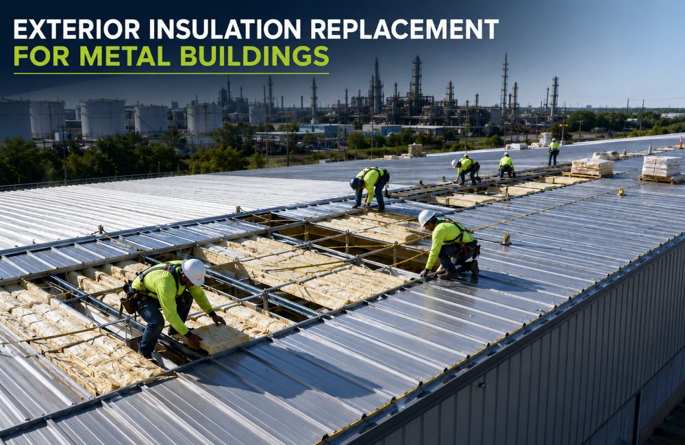 Workers replacing exterior insulation on a commercial metal building roof with minimal disruption to facility operations.