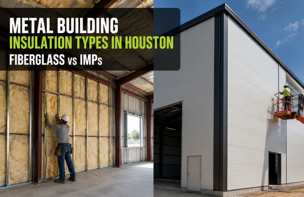 Worker installing fiberglass insulation inside a commercial metal building in Houston.
