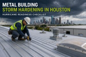 Worker inspecting fasteners on a commercial metal roof in Houston before hurricane season.