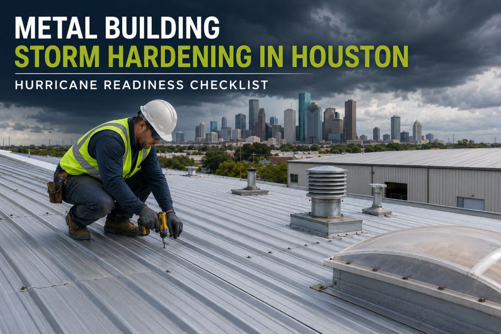Worker inspecting fasteners on a commercial metal roof in Houston before hurricane season.